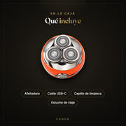 Qué incluye la afeitadora ClearShave Pro: cable USB-C, cepillo de limpieza y estuche de viaje