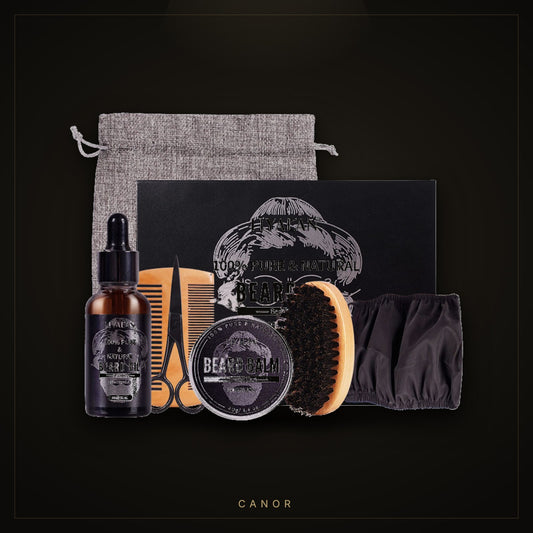 Kit para barba Maestro de CANOR: aceite, bálsamo, peine, cepillo, tijeras, protector y bolsa