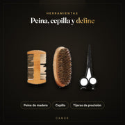 Peine de madera, cepillo y tijeras de precisión para barba